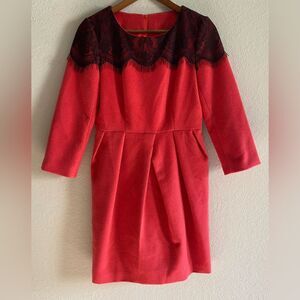 100% Wool Women Red 3/4 Sleeve Above Knee Sheath Dress Black Lace Detail Small